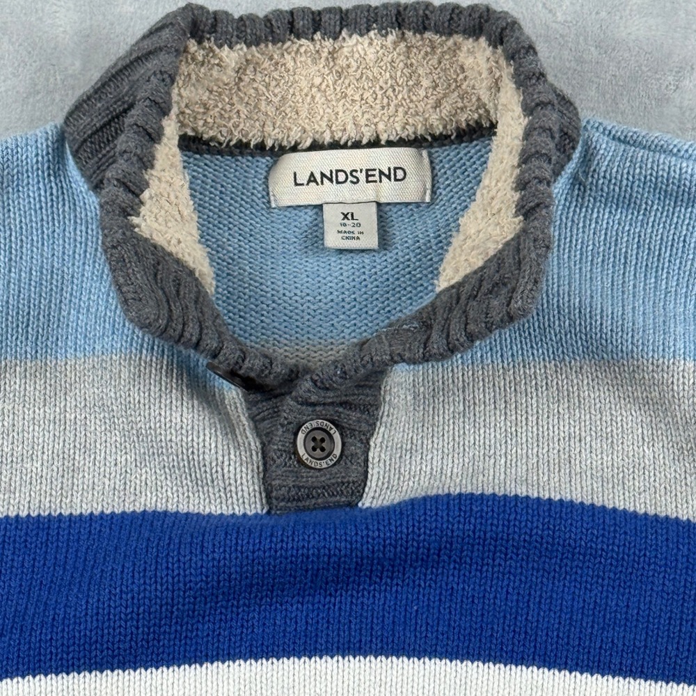 Lands End Boys Blue White Knit Sweater Sherpa Lined Collar Button Neck XL 18-20 - Picture 4 of 14